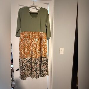 Floral Patchwork Midi Dress color block floral sage mustard fits like XL